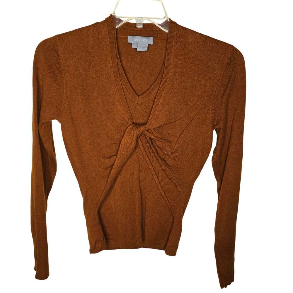 ECCOCI Cashmere Silk Blend Twist Front V Neck Sweater Brown Size Small